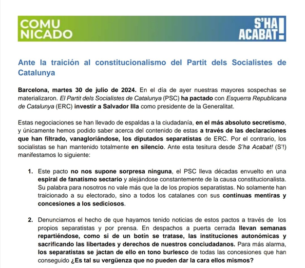 Comunicado de ShaAcabat tras el pacto alcanzado entre el PSC y ERC para ...