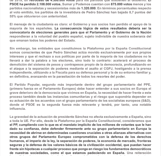 Comunicado de la Plataforma por la España constitucional tras las elecciones europeas de 2024